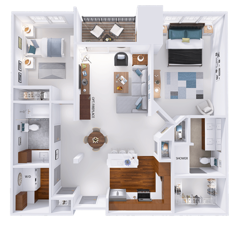 a 3d rendering of a bedroom and bathroom floor plan